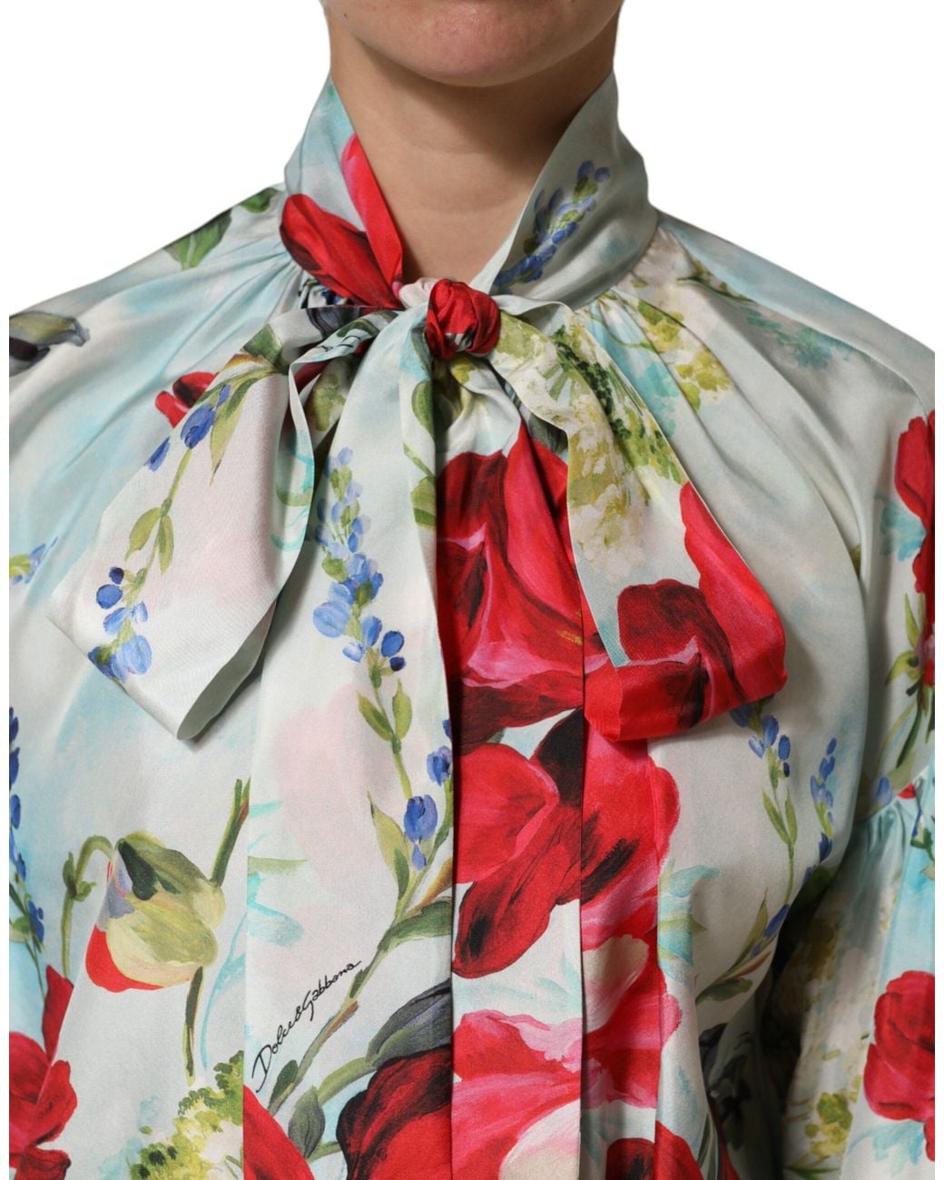 Dolce & Gabbana Red Floral Long Sleeves Blouse Top