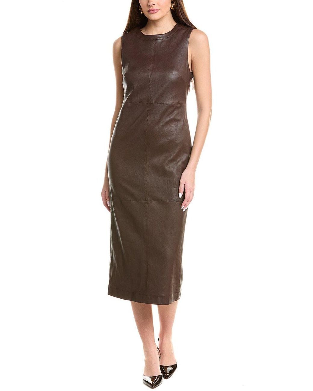 Brunello Cucinelli Brown Mustang Leather Sleeveless Midi Dress