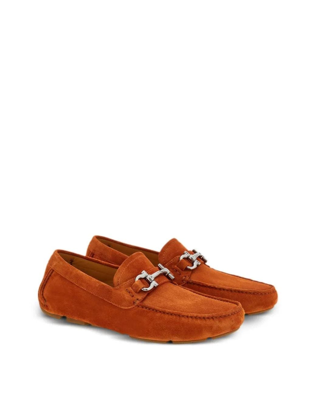 Ferragamo Orange Gancini Suede Driving Shoes 020350768076 Loafers for men