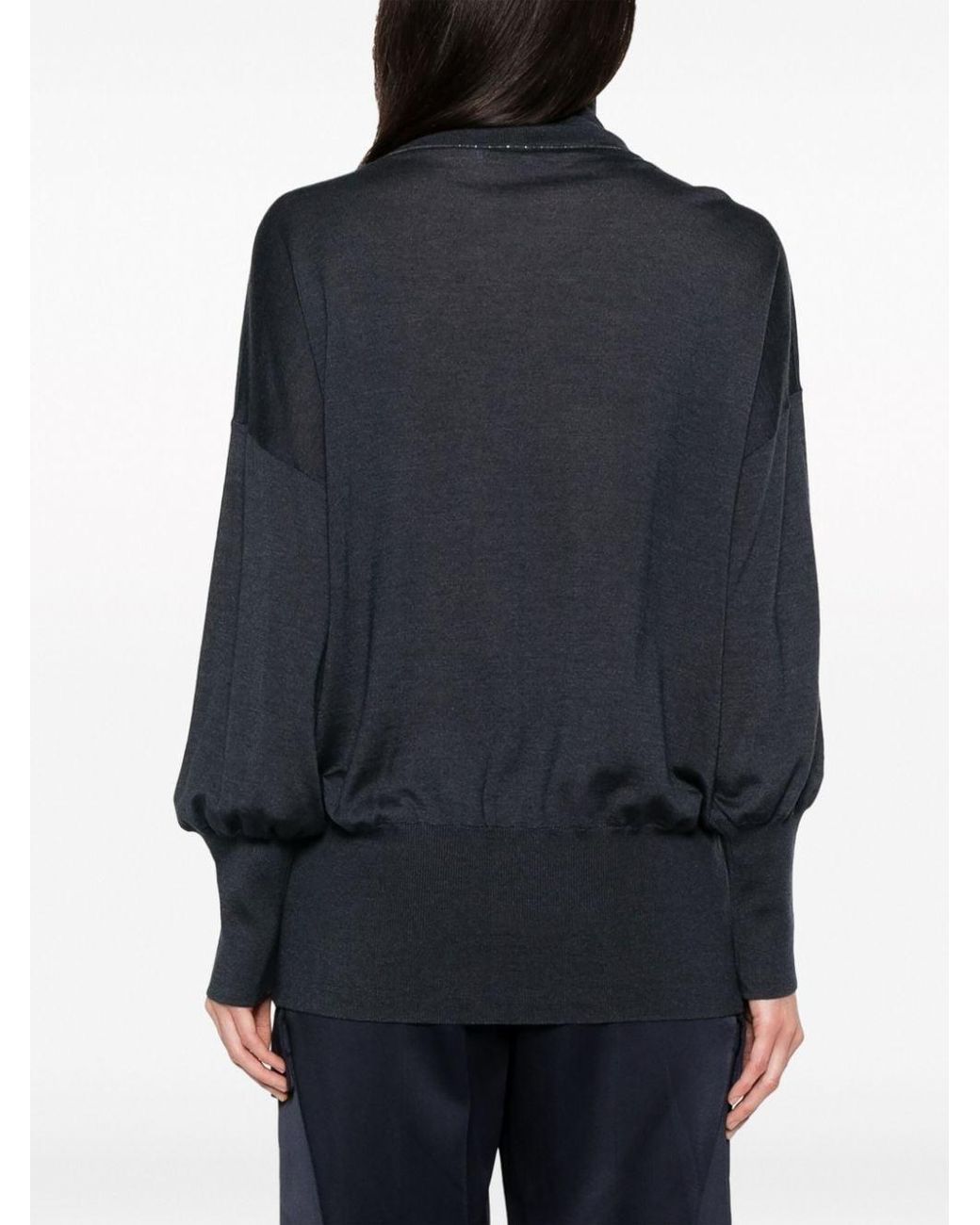Brunello Cucinelli Blue Dark Wool Silk Mock Neck Shirt