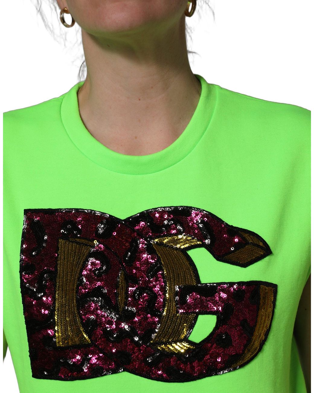 Dolce & Gabbana Green Neon Dg Sequined Sleeveless Jersey Top Polyester
