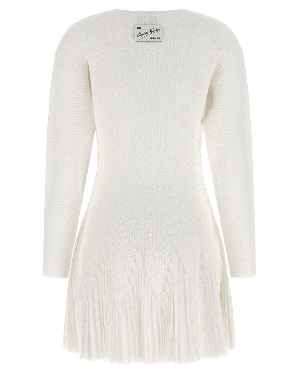 Elisabetta Franchi White Ribbed Knit Pleated Dress