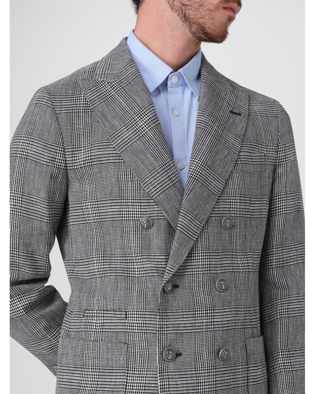 Brunello Cucinelli Gray Plaid Double Breasted Blazer for men