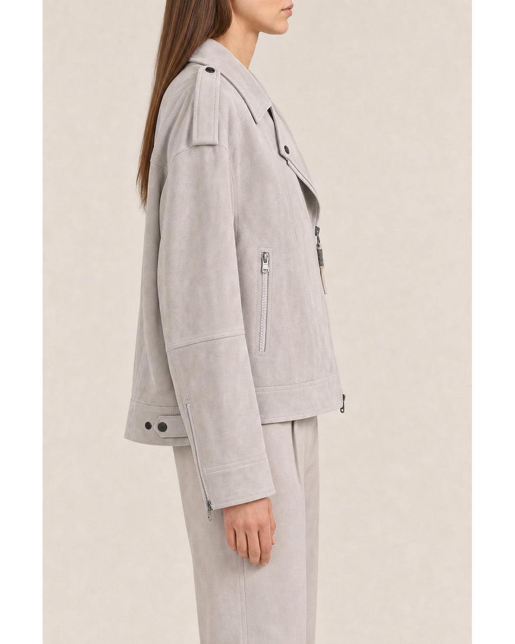 Brunello Cucinelli Natural Quarzo Suede Biker Jacket