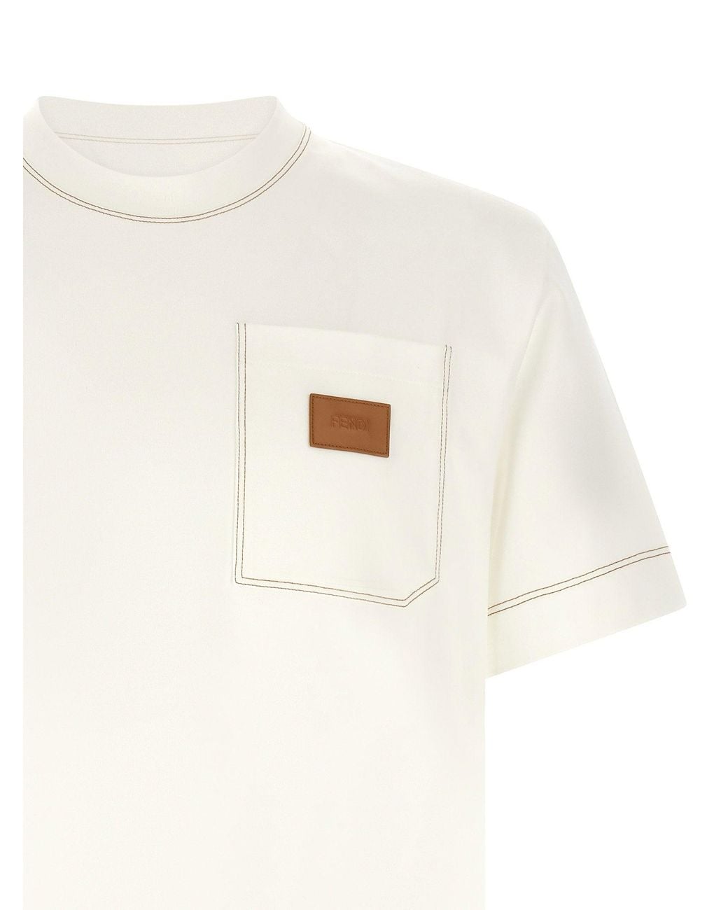 Fendi White Leather Patch Logo T-Shirt for men
