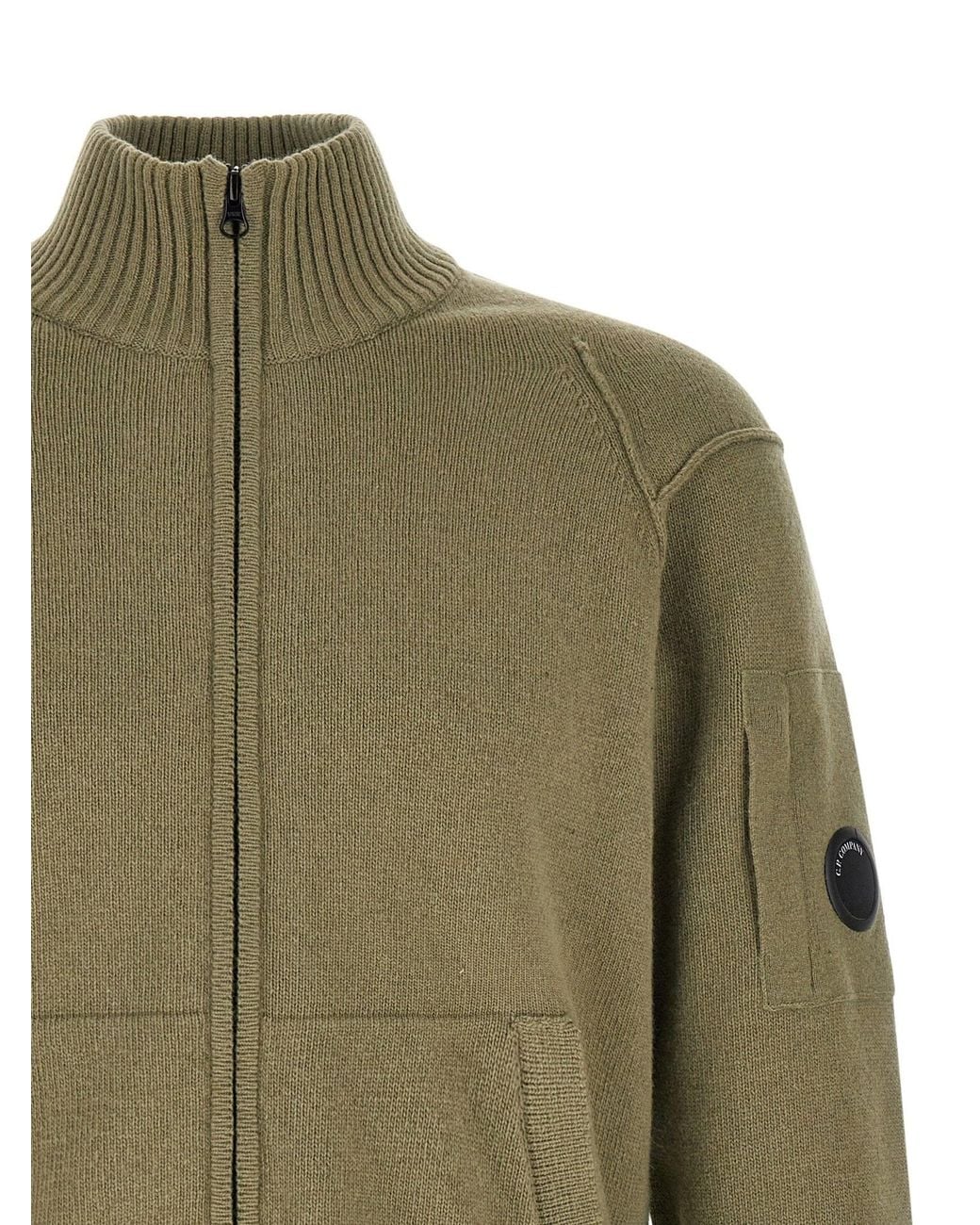 C P Company Green Lambswool With Lens Pocket Detail Cardigan for men