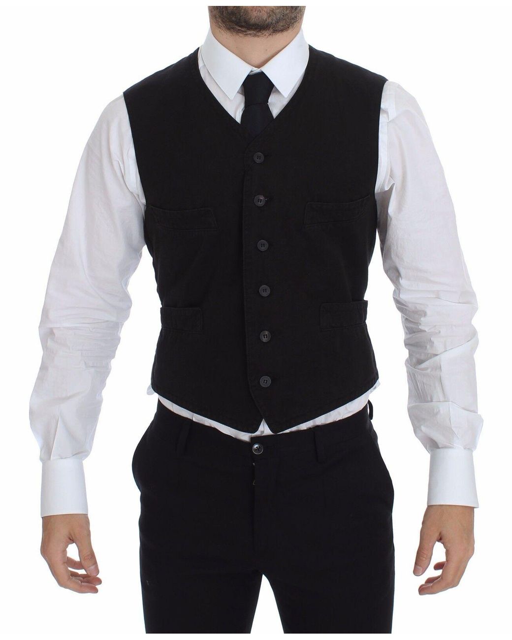 Dolce & Gabbana Black Flax Cotton Dress Vest Blazer for men