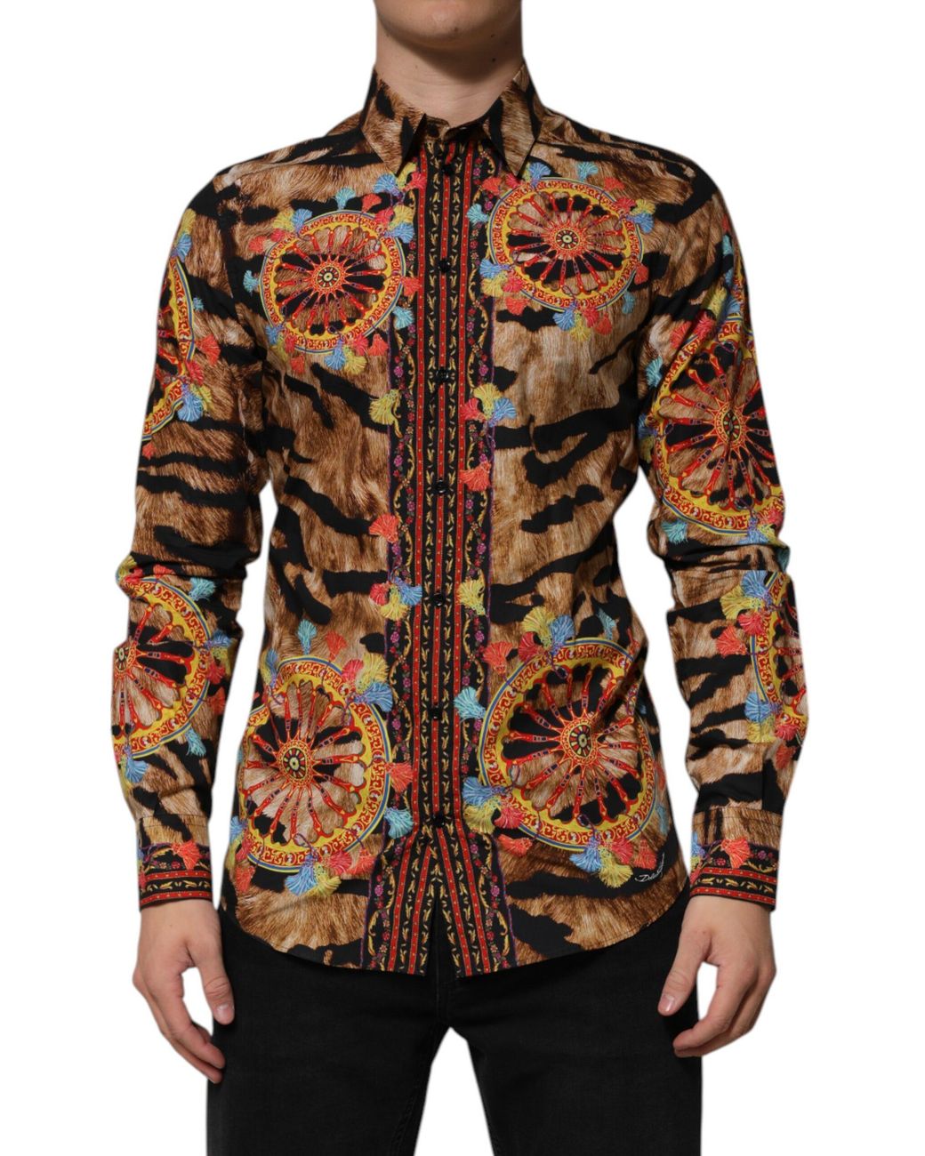 Dolce & Gabbana Brown Cotton Tiger Carretto Long Sleeve Shirt for men