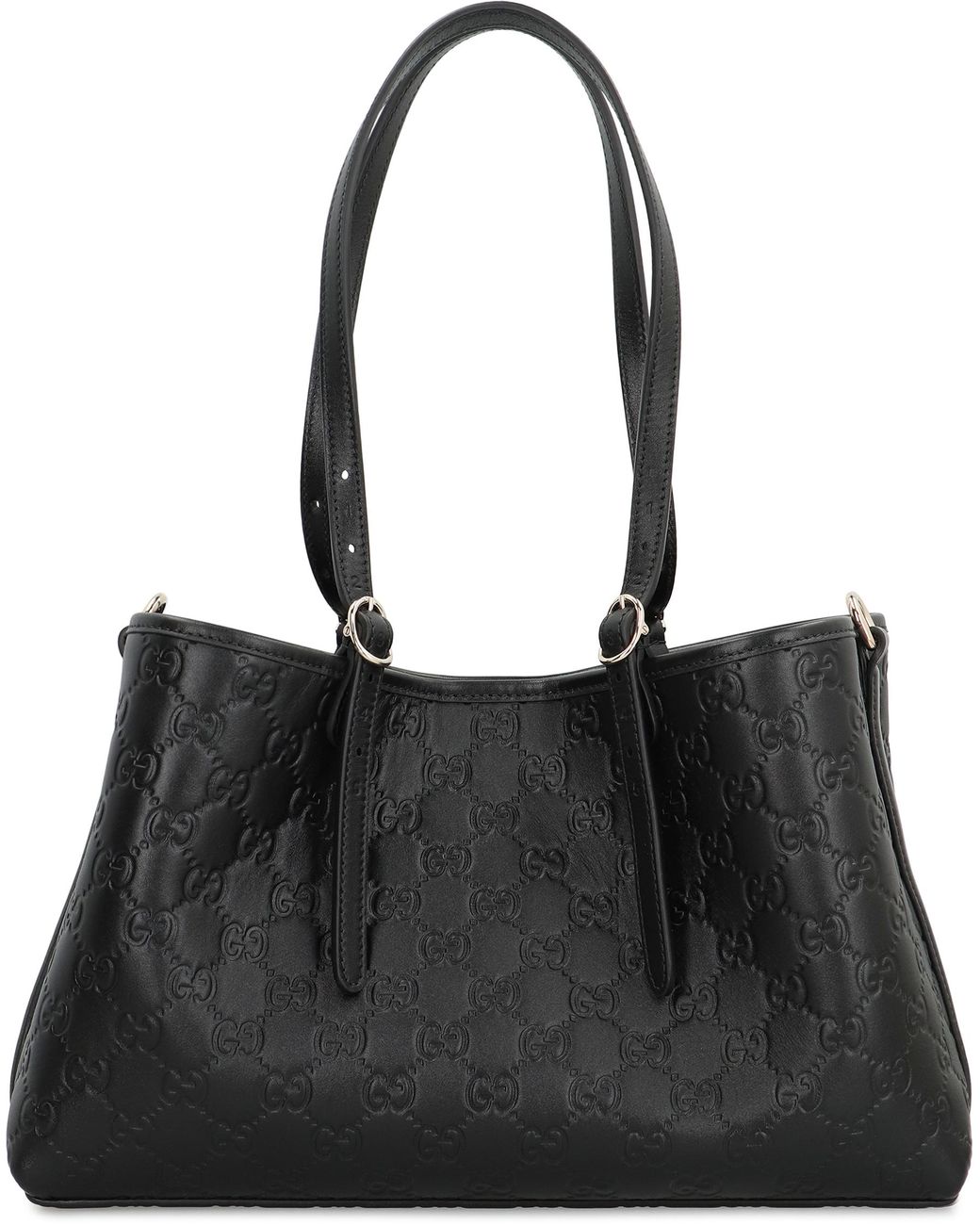 Gucci Black Tote Bag Gg Emblem Media Leather Calfskin