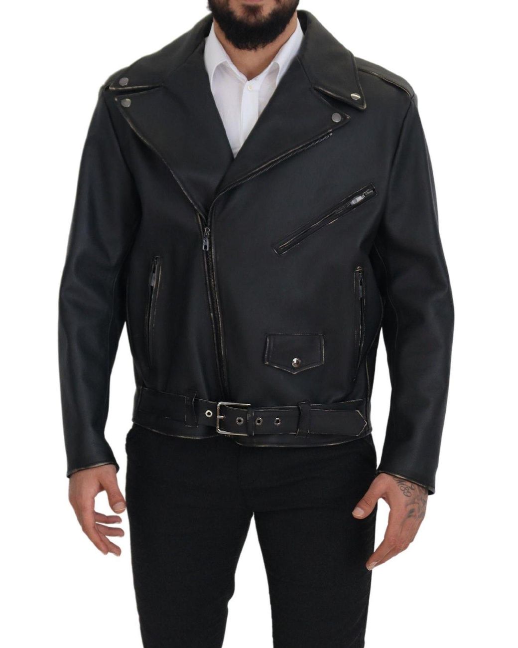 Dolce & Gabbana Black Elegant Leather Biker Jacket for men