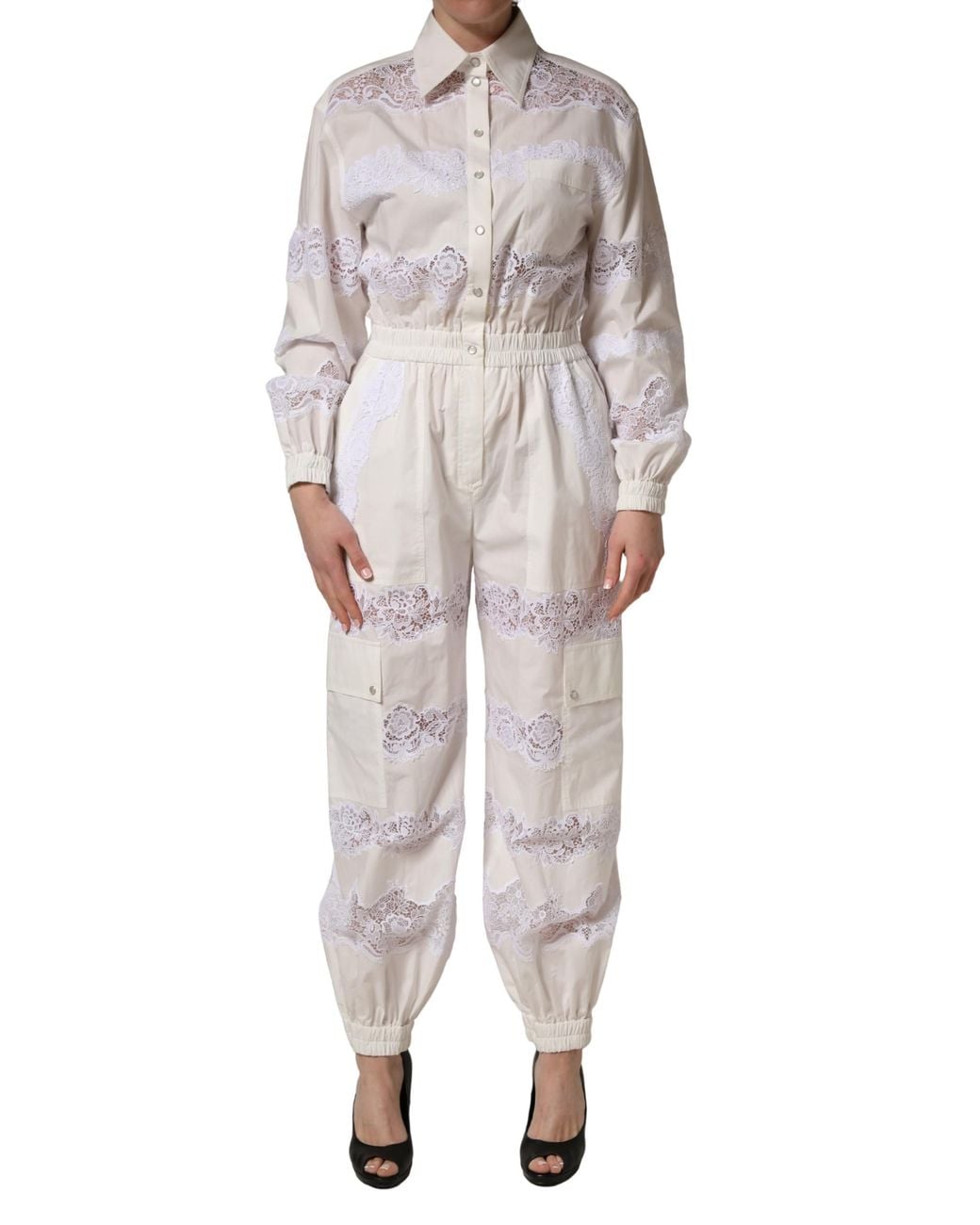 Dolce & Gabbana Gray White Cotton Lace Trim Long Sleeves Jumpsuit