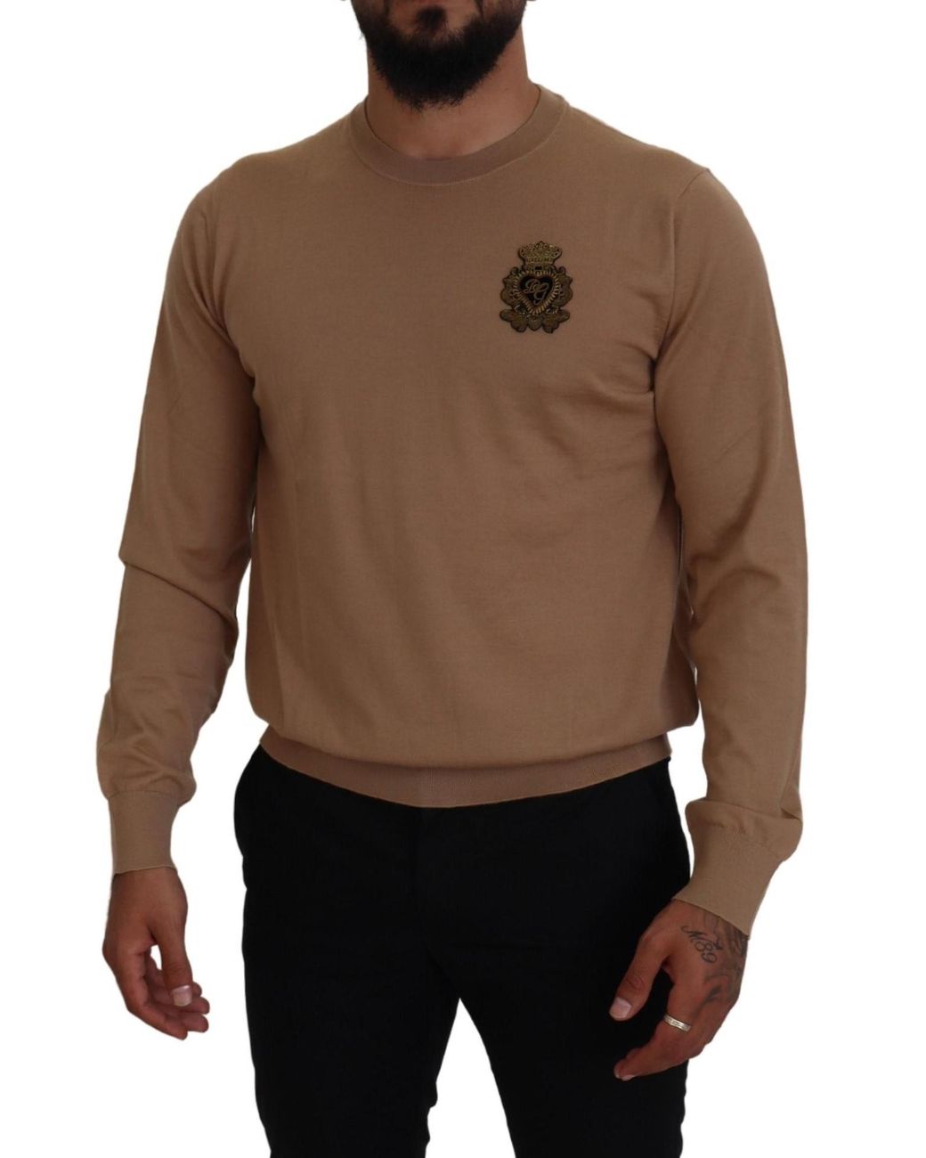 Dolce & Gabbana Brown Crew Neck Sweater Emblem for men