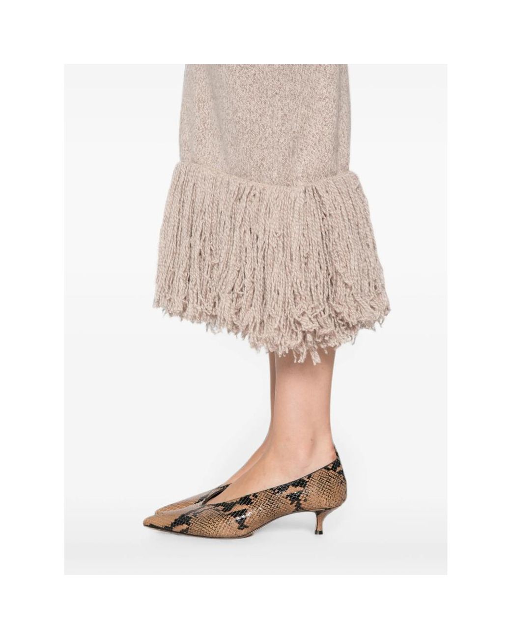 ELY ELY Natural Fringe-Trim Knitted Midi Skirt