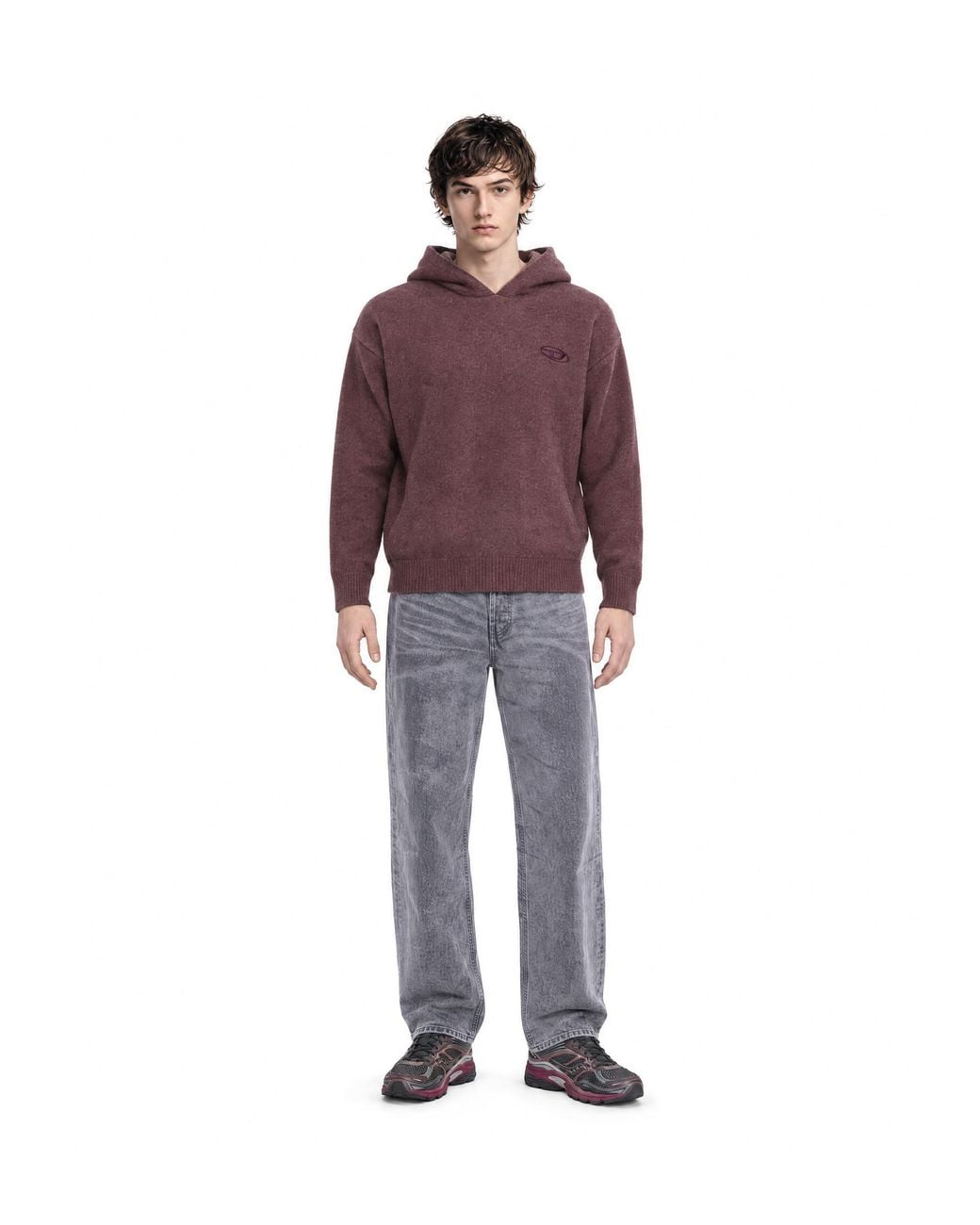 DIESEL Purple Knit Hoodie Pickled Bordeaux Wool Sweater for men
