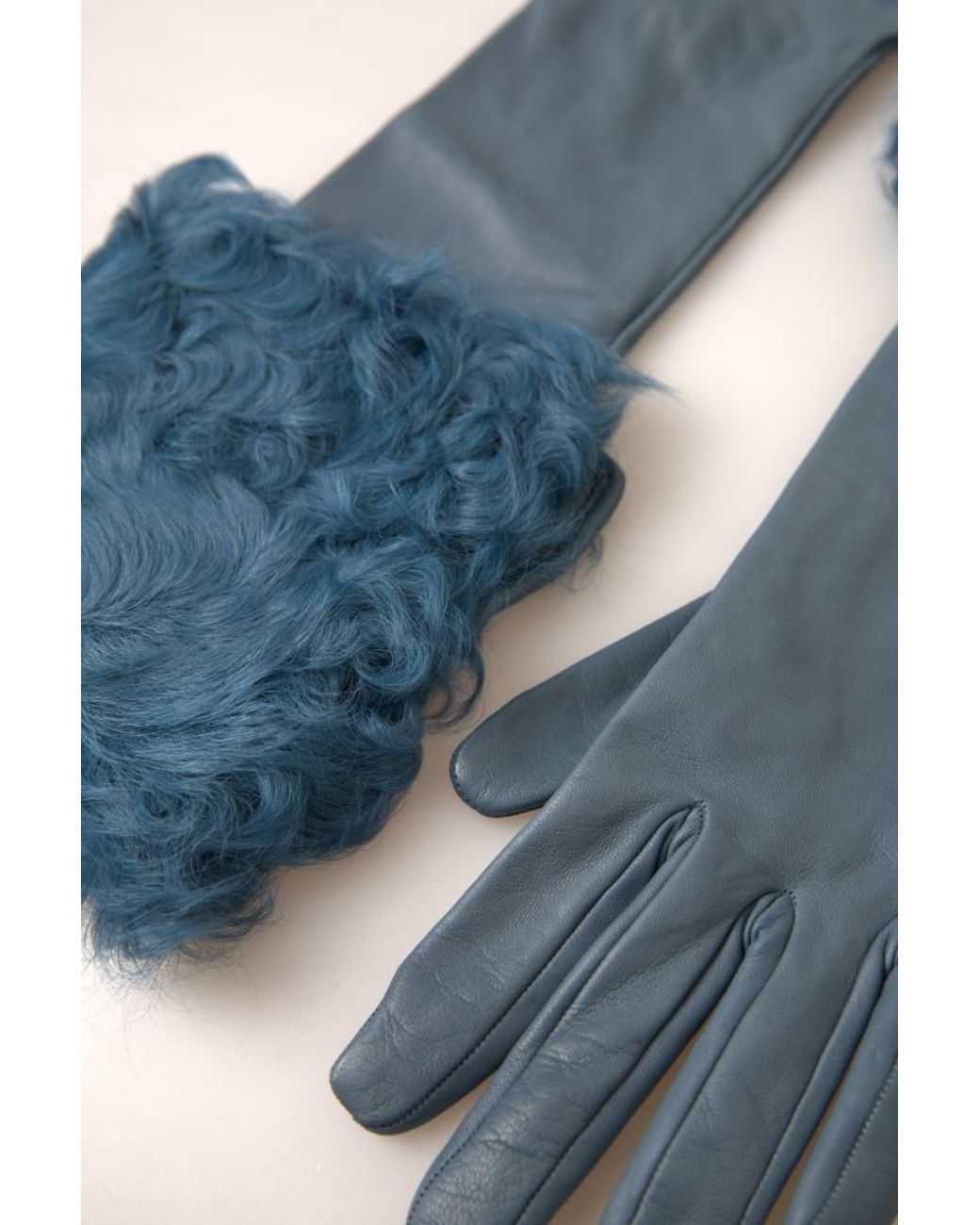 Dolce & Gabbana Blue Leather Fur Mid Arm Length Gloves