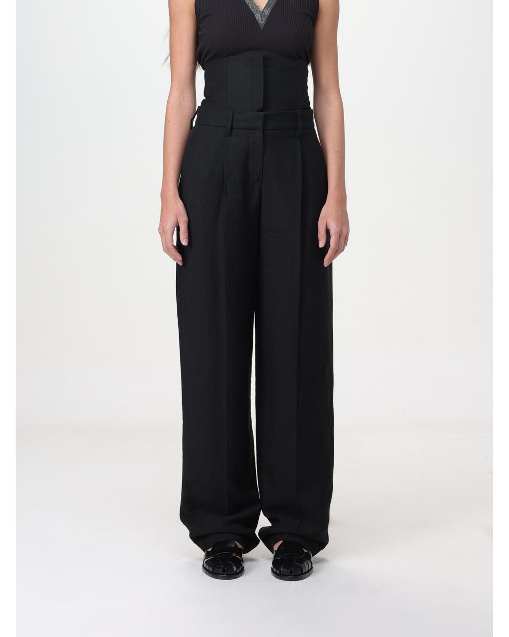 Brunello Cucinelli Black Linen Blend Wide Leg Trousers