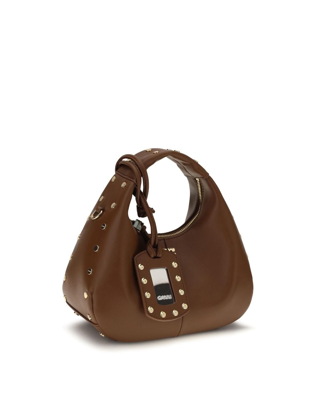 Ganni Brown Mini Studded Hobo Handbag Recycled Leather