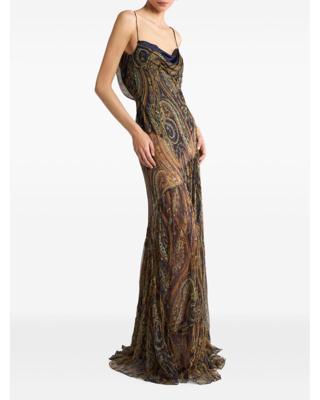 Etro Natural Long Silk Dress With Draping And Paisley Motif