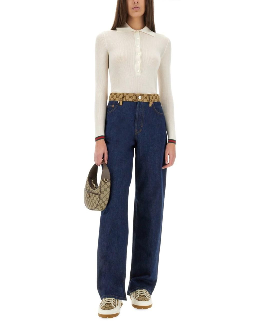 Gucci White Gucci Cashmere-Silk Blend Polo Shirt