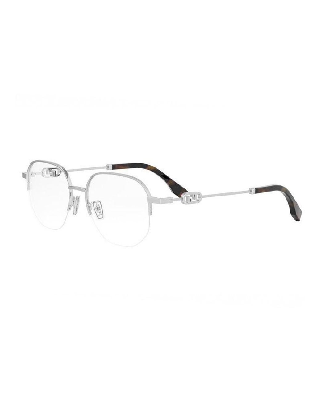 Fendi Metallic Eyeglasses Round Semi Rim, Shiny Palladium Frame And Clear Demo Lenses Lens Fe50104F016