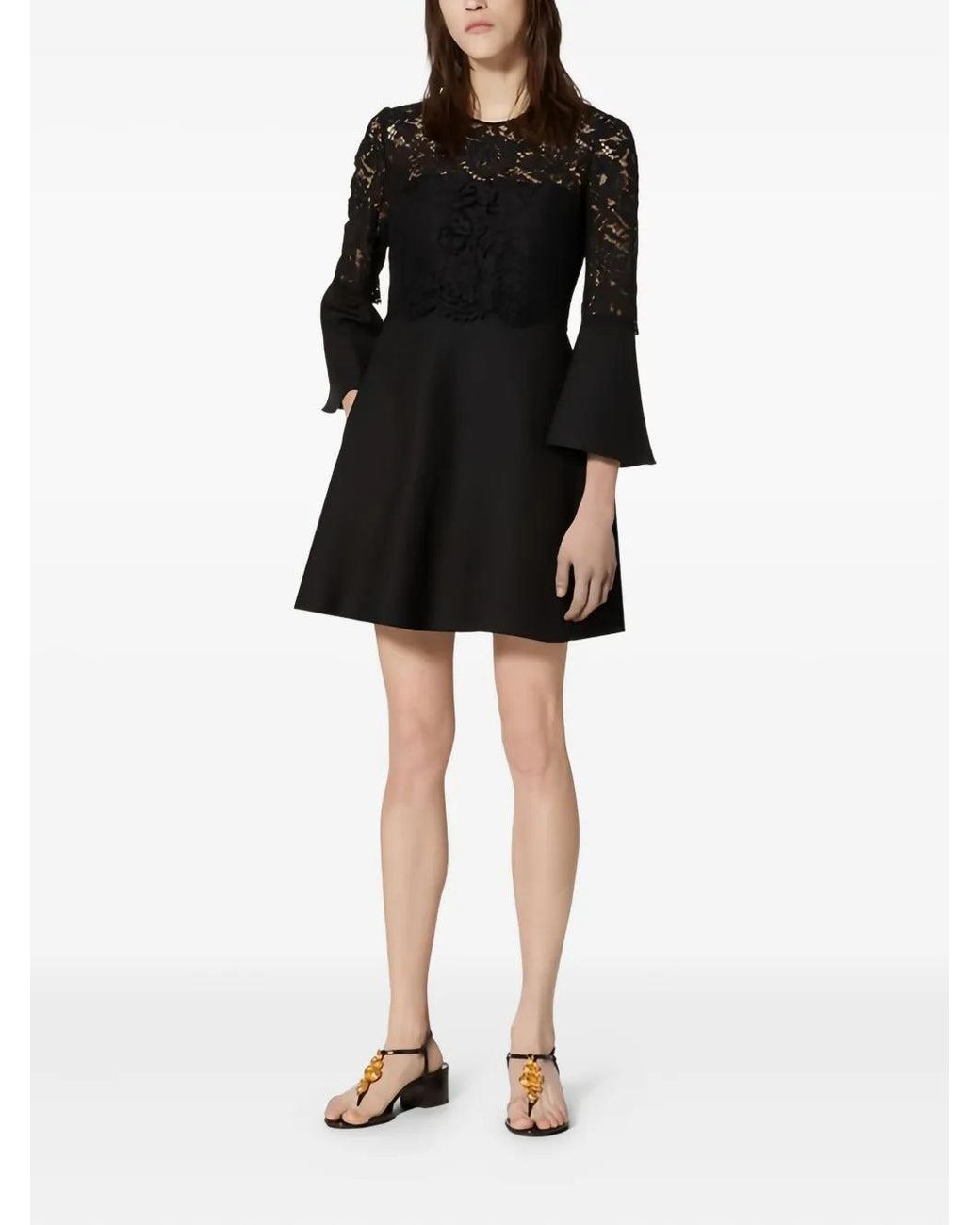 Valentino Black Lace-Paneled Flared Dress