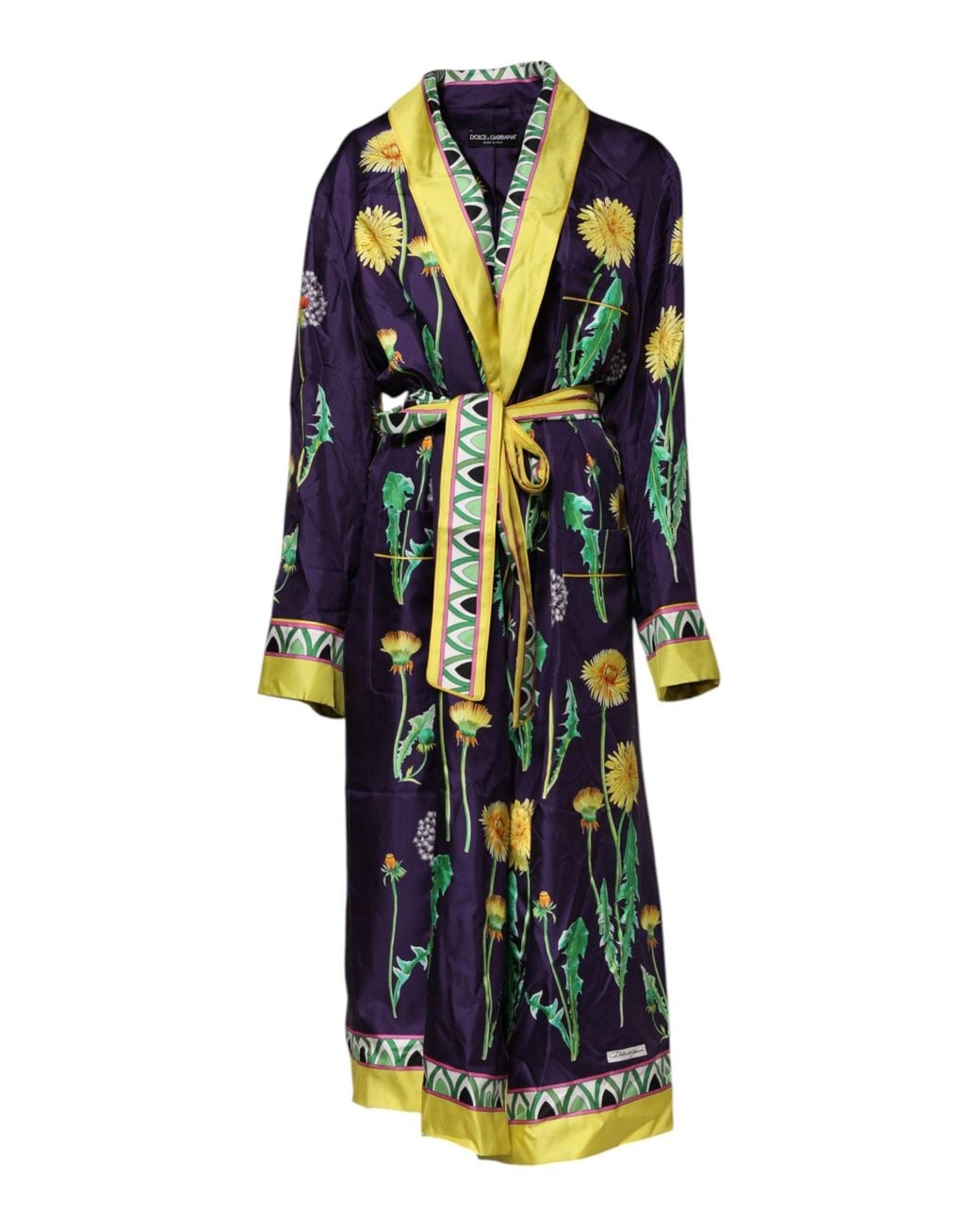 Dolce & Gabbana Blue Floral Print Silk Long Sleeves Wrap Robe