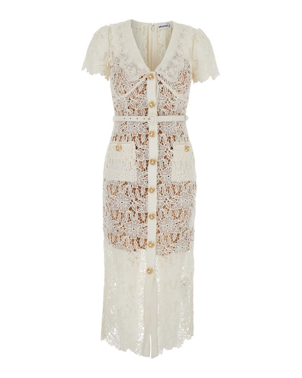 knee length dresses for ladies Self-Portrait WHITE LACE OPEN NECK MIDI DRESS – CHUUI_Collection main image 1
