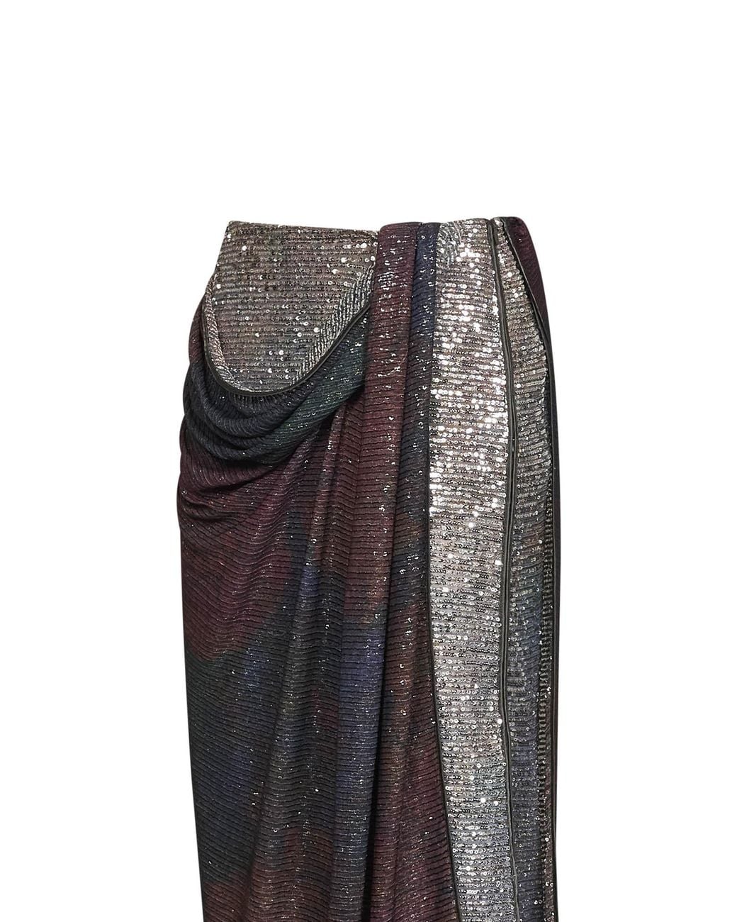 Maison Margiela Gray And Burgundy Printed Sequins Draped Midi Skirt