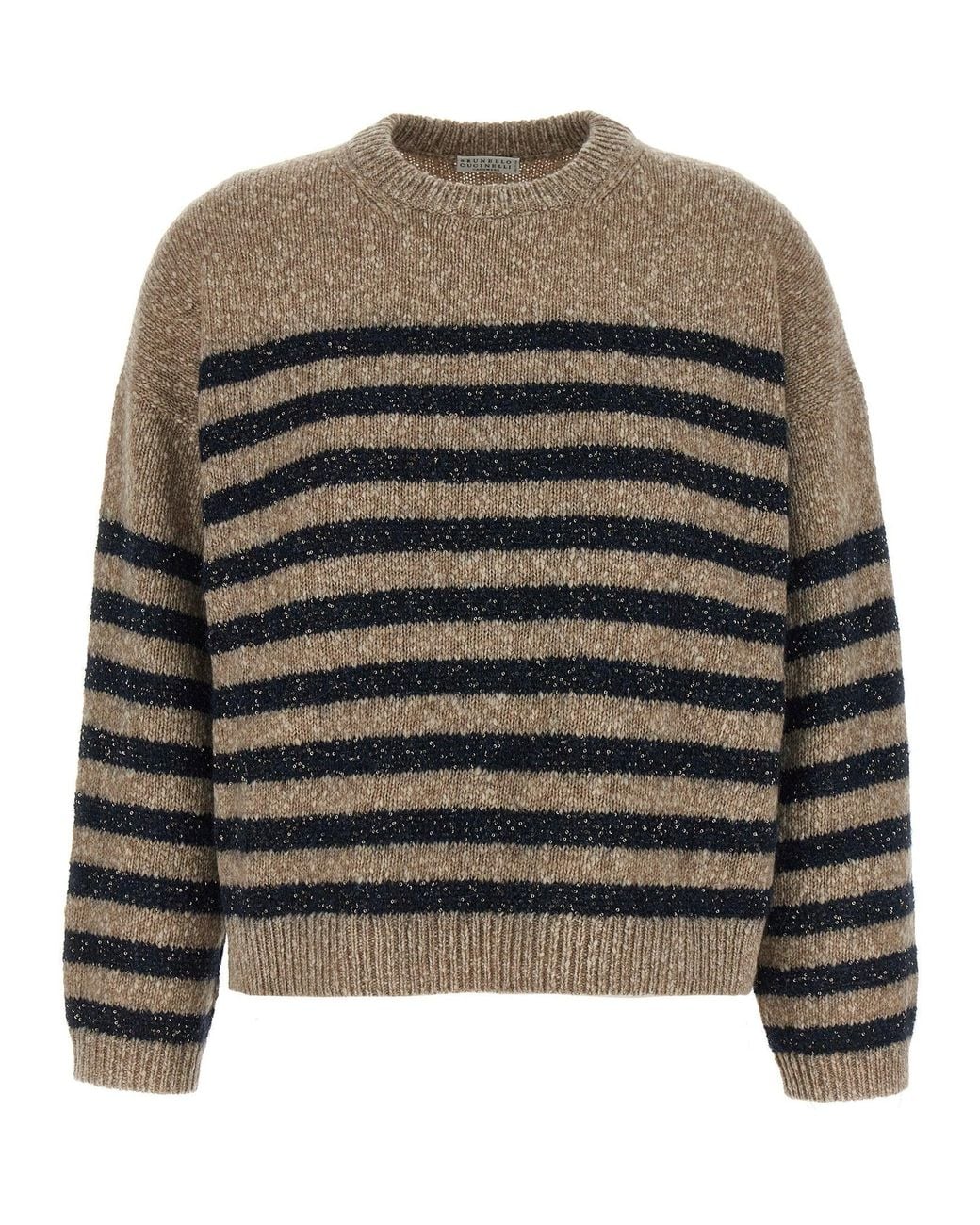 Brunello Cucinelli Gray Sequin-Striped Wool Cashmere Sweater