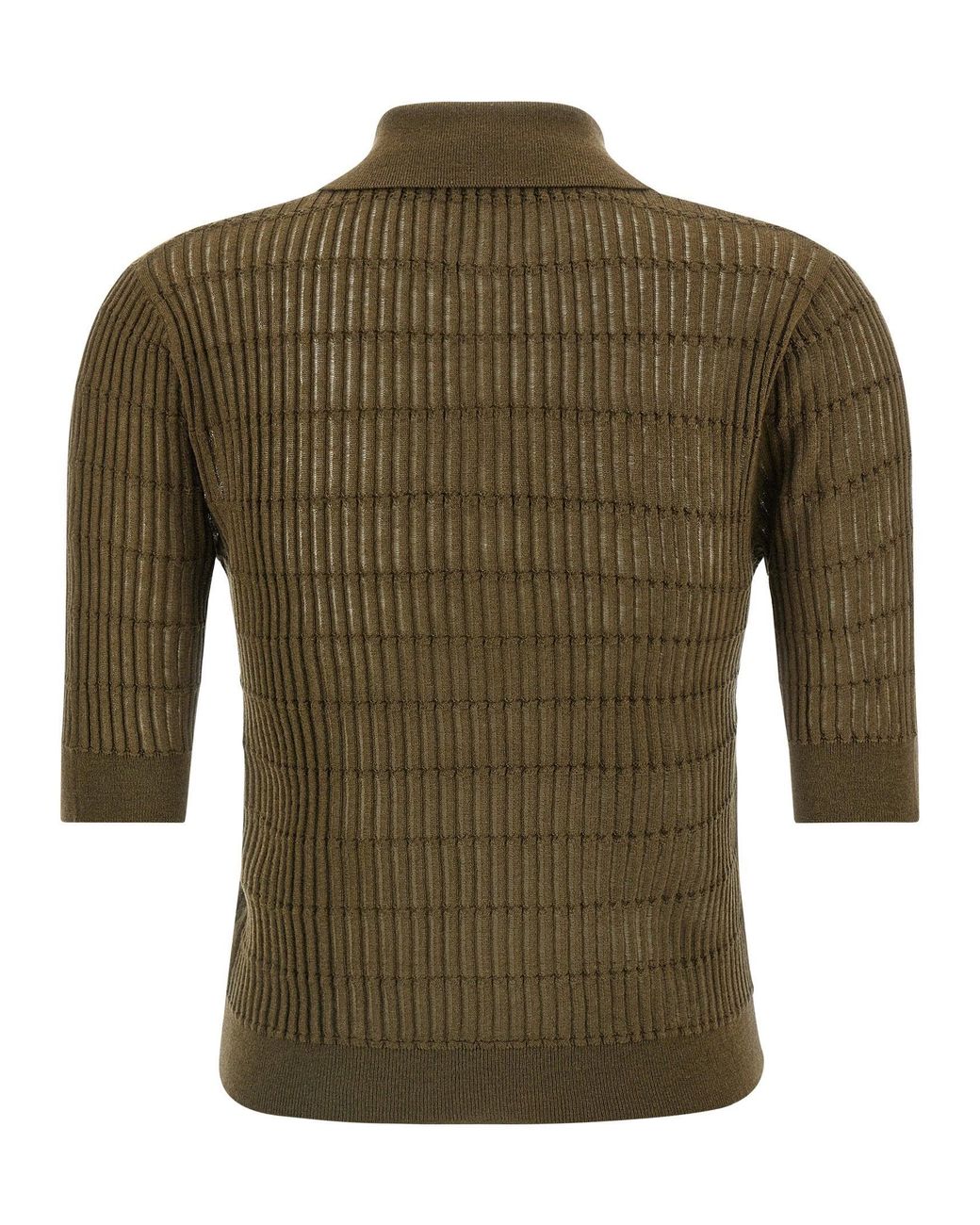 Max Mara Green Ribbed Wool-Silk Knit Polo Shirt