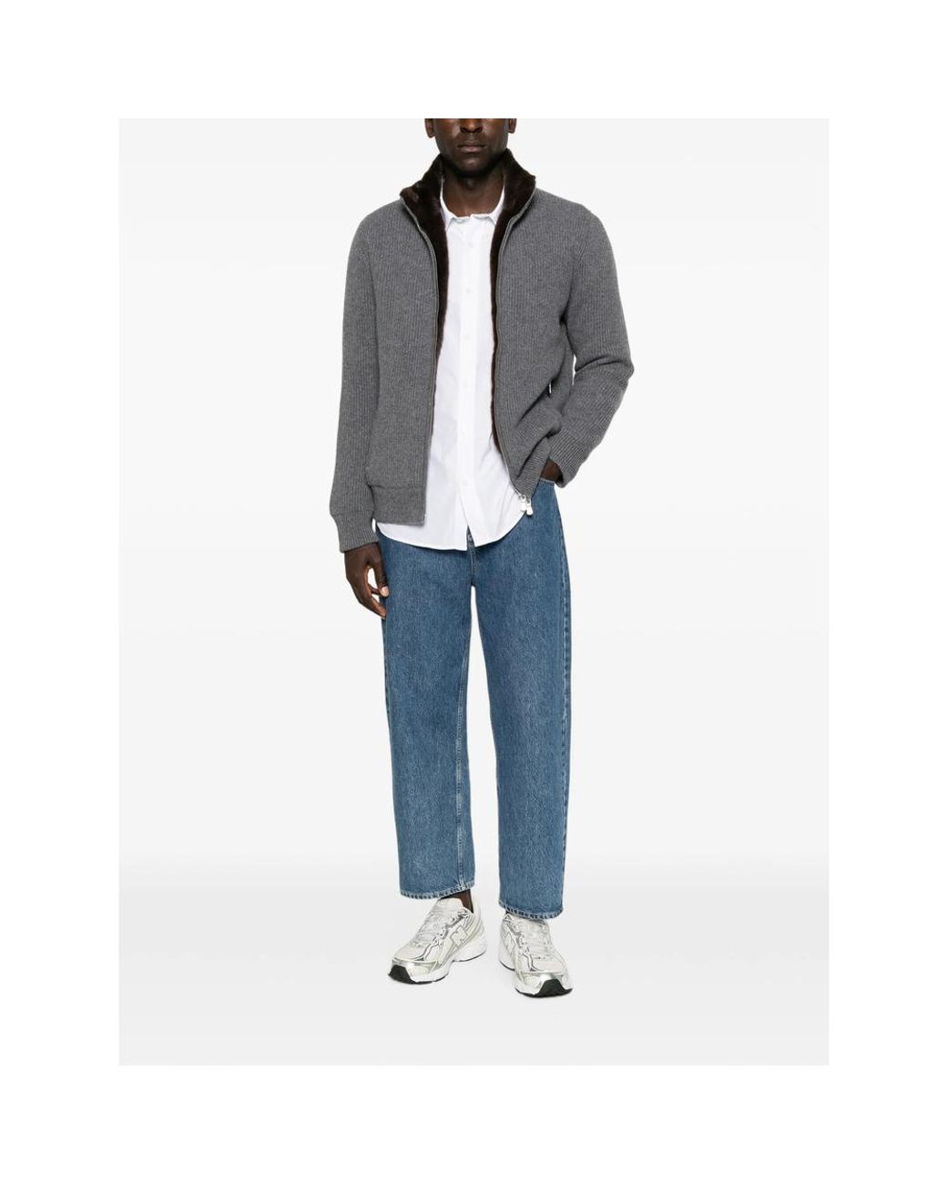 Barba Napoli Gray Fur-Trim Ribbed-Knit Jacket for men