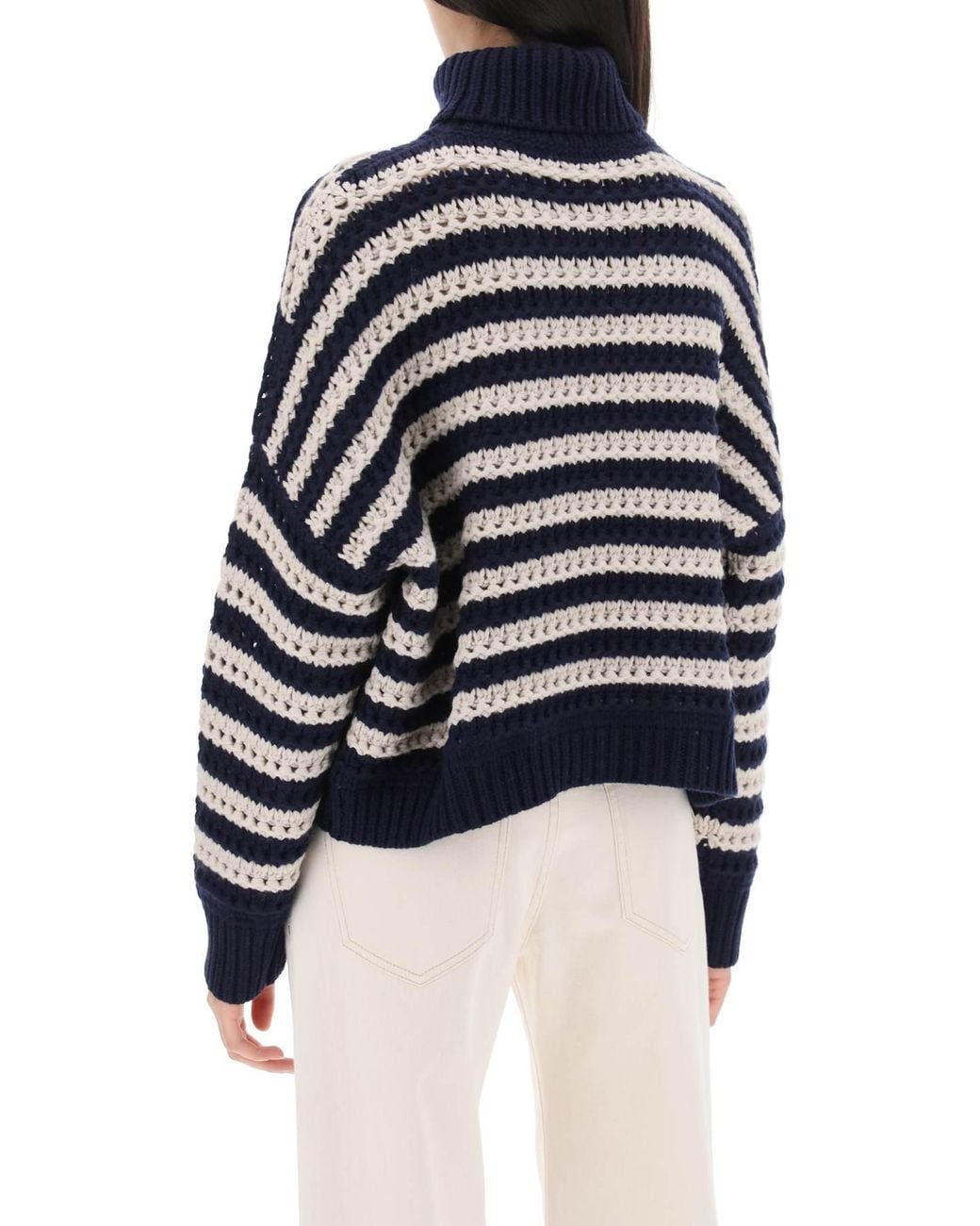 Brunello Cucinelli Blue Striped Sweater In Wool And Cashmere
