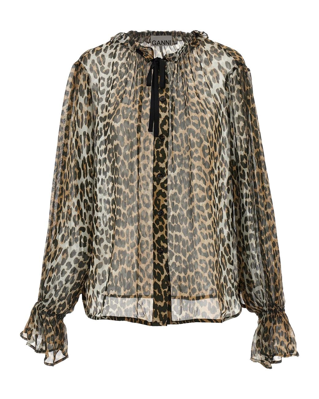 Ganni Multicolor 'Leopard Print Chiffon Tie String' Shirt
