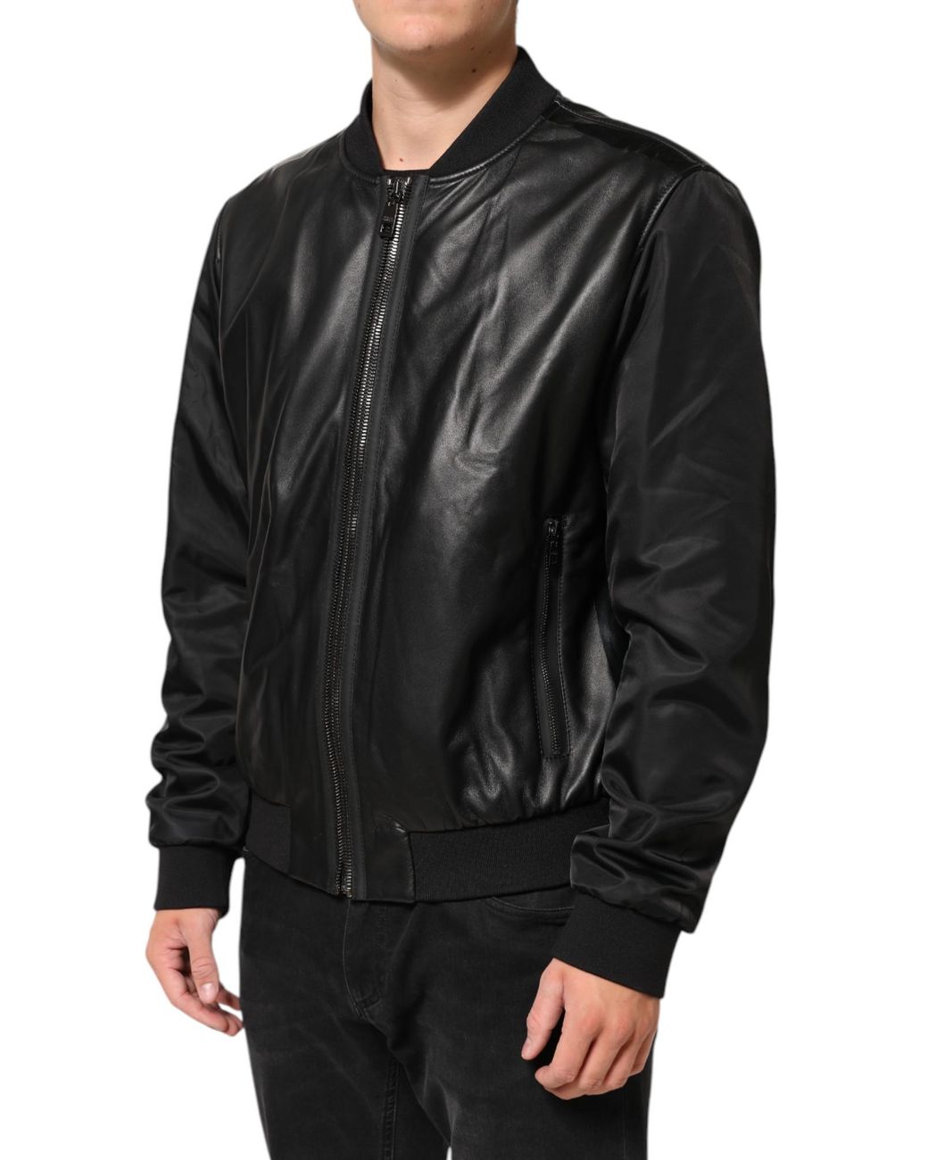 Dolce & Gabbana Black Leather Nylon Fullzip Blouson Jacket Pa+Lamb Clothing for men