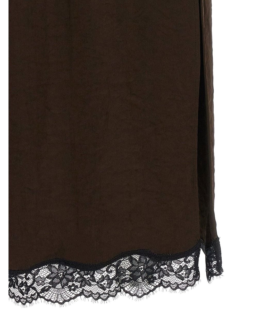 Twinset Brown Froissé Satin With Lace Hem Skirt