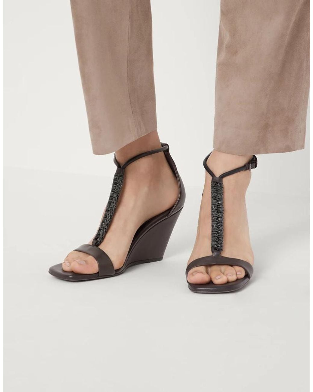 Brunello Cucinelli White Dark Leather Wedge Sandals
