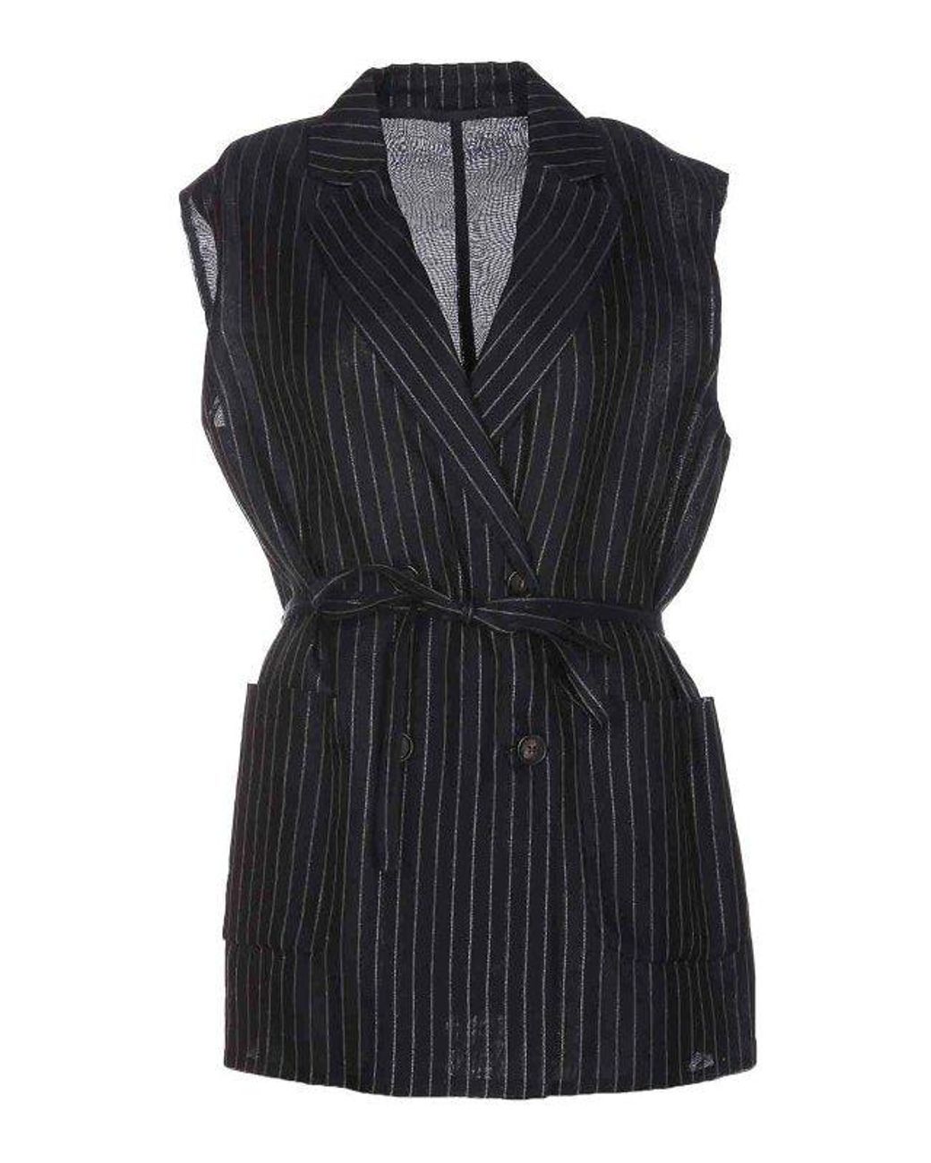 Brunello Cucinelli Black Pinstripe Sleeveless Jacket With Belt