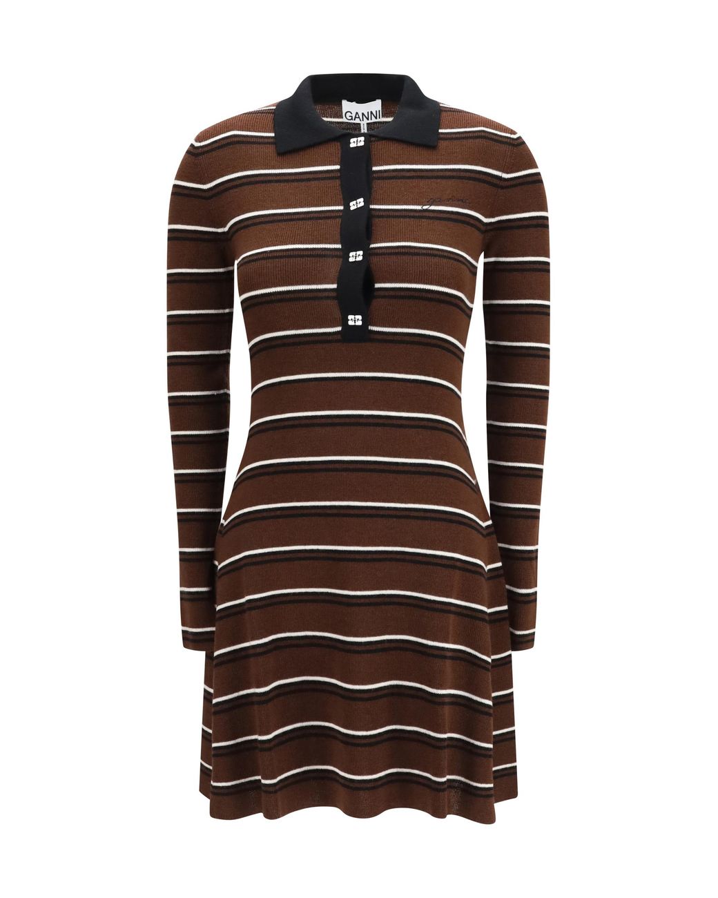 Ganni Black Polo Dress Striped Wool (Ovis Aries)