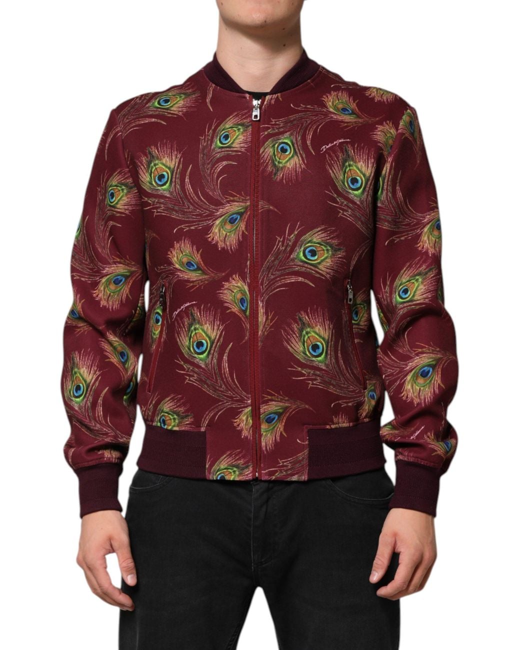Dolce & Gabbana Red Stunning Peacock Print Full Zip Jacket for men