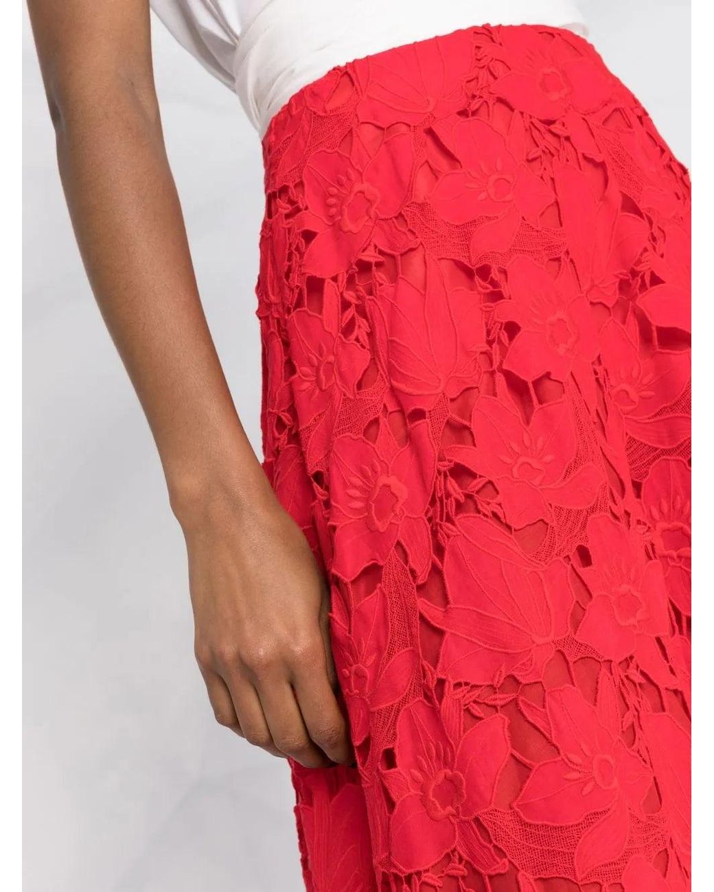 Valentino Red Floral-Lace Midi Skirt