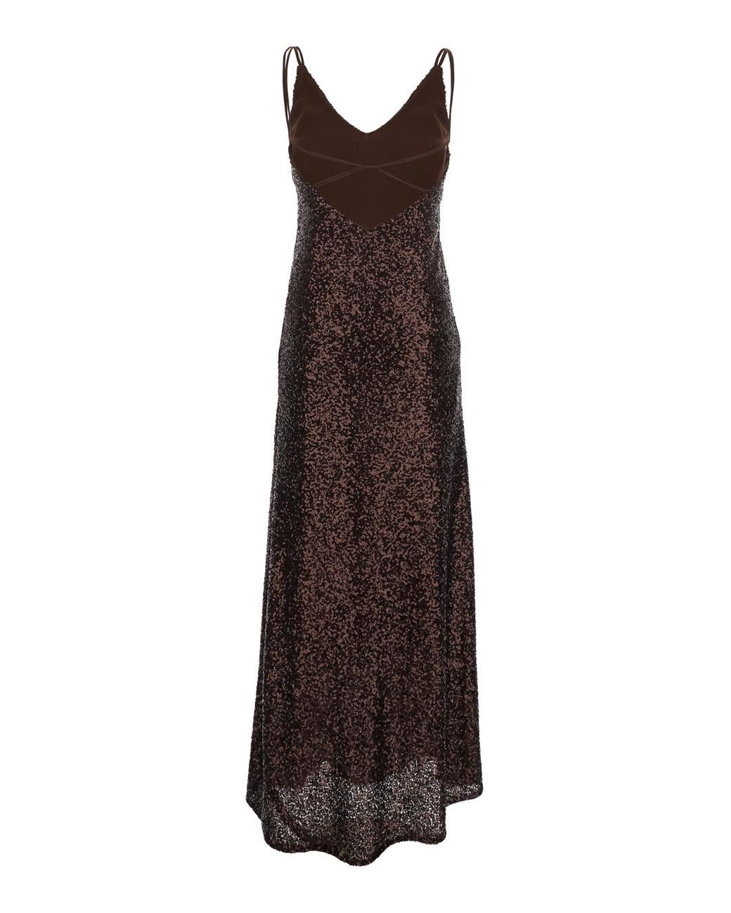 Le Plain Brown Long Dress Plain With Straps And All-Over Applied Sequins Fabric For