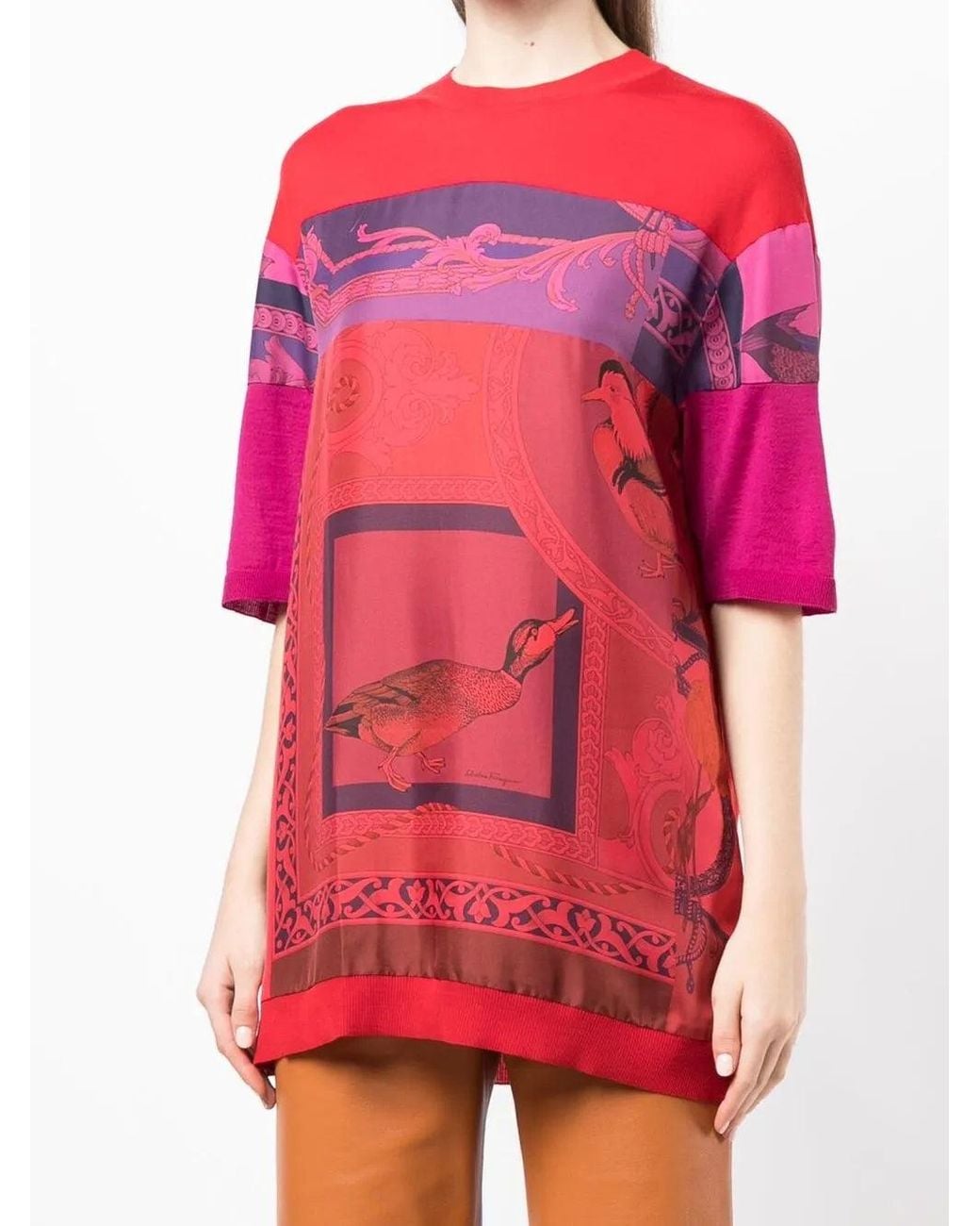 Ferragamo Red Heritage-Print Long T-Shirt
