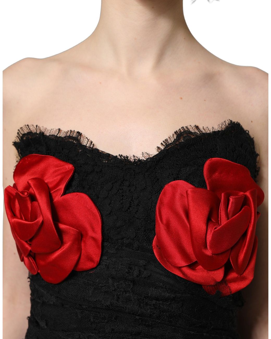 Dolce & Gabbana Red Strapless Rose Sequined Midi Dress Polyester