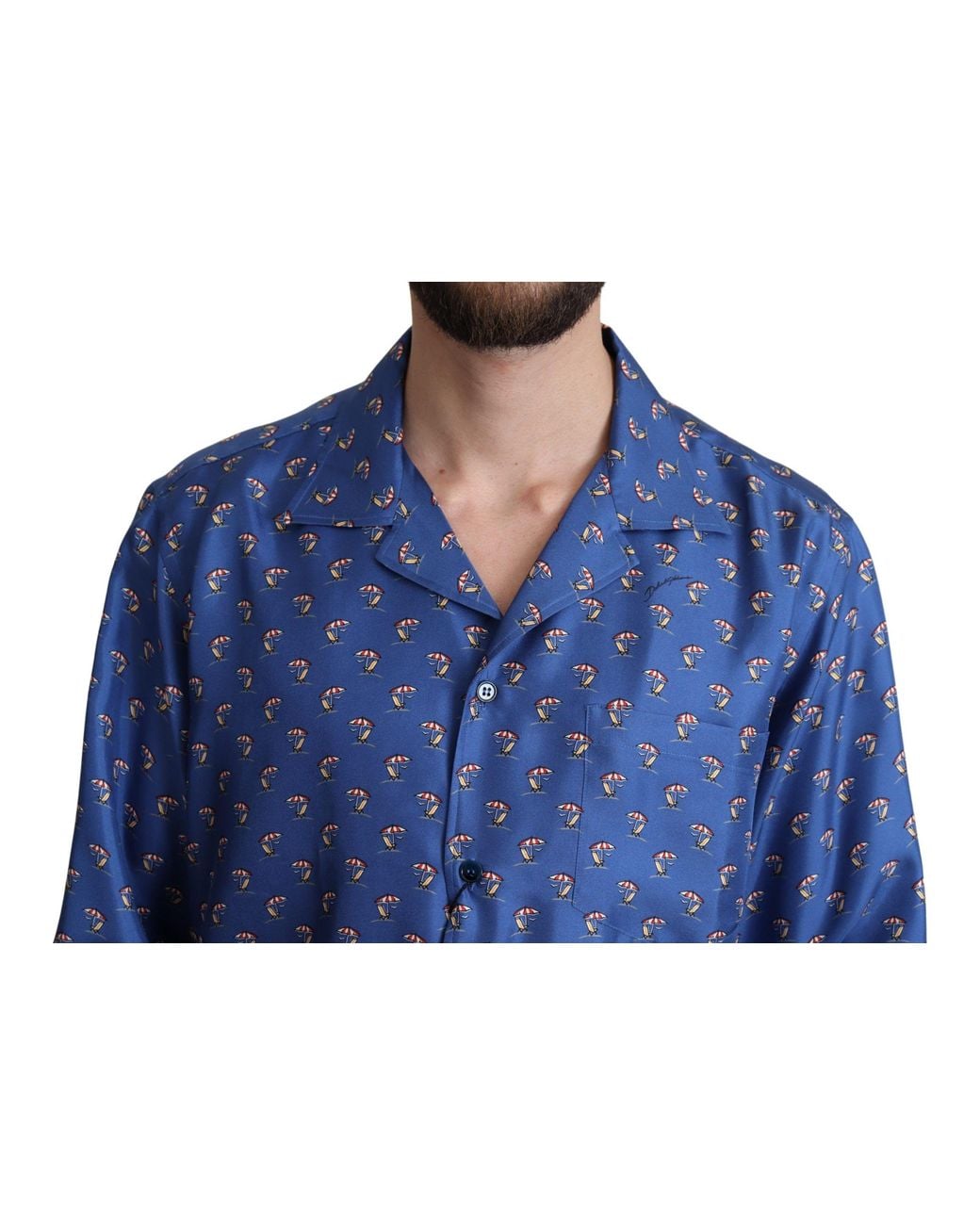 Dolce & Gabbana Blue Beach Chair Umbrella Print Silk Shirt for men