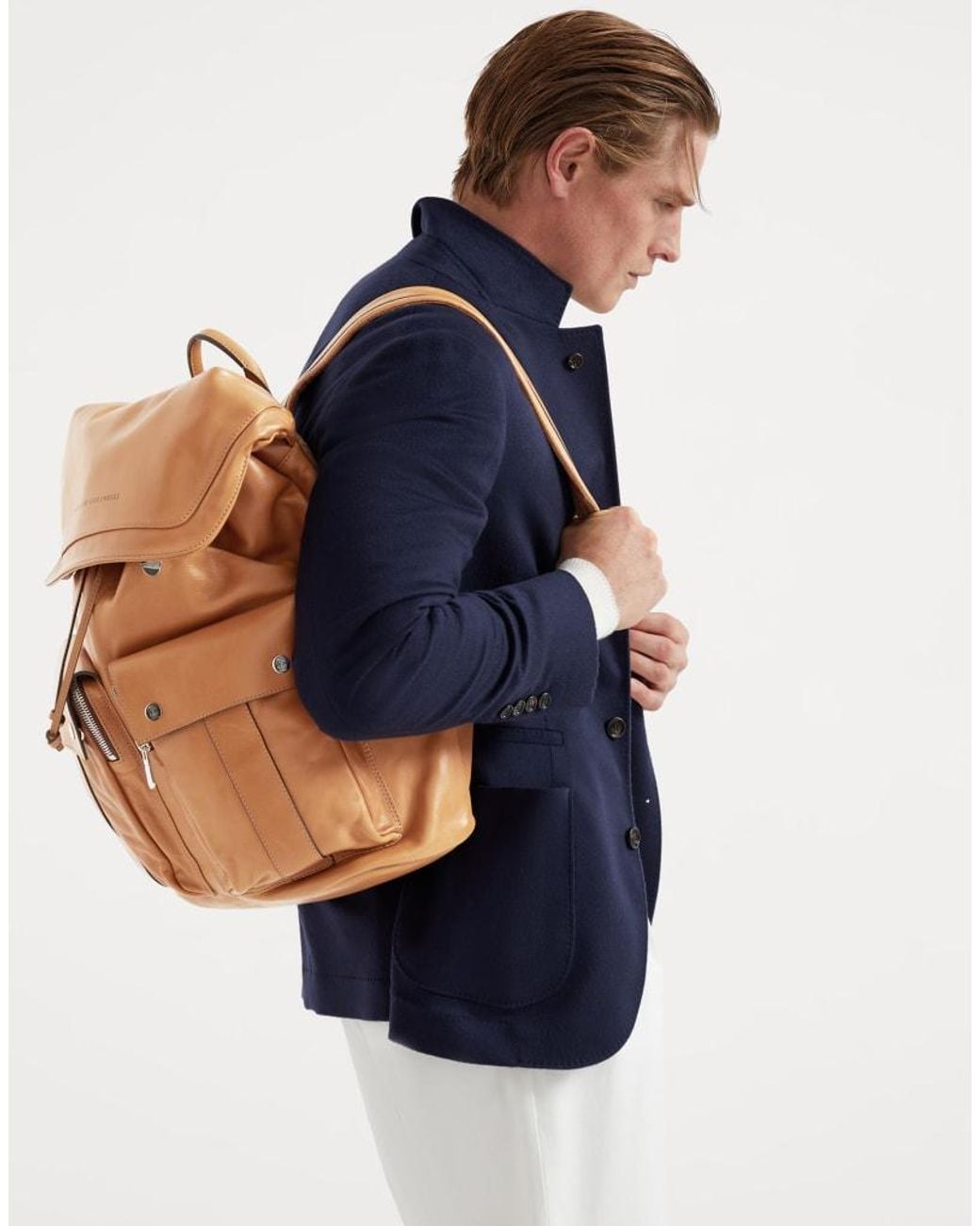 Brunello Cucinelli Natural Leather Flap Backpack for men
