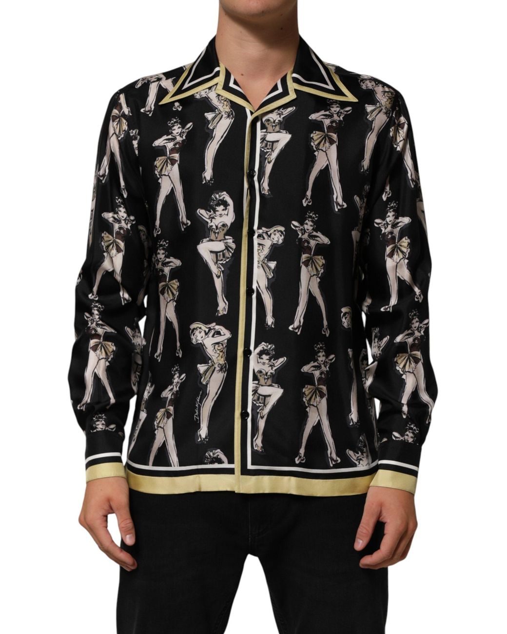 Dolce & Gabbana Black Silk Pin Up Printed Button Down Shirt for men