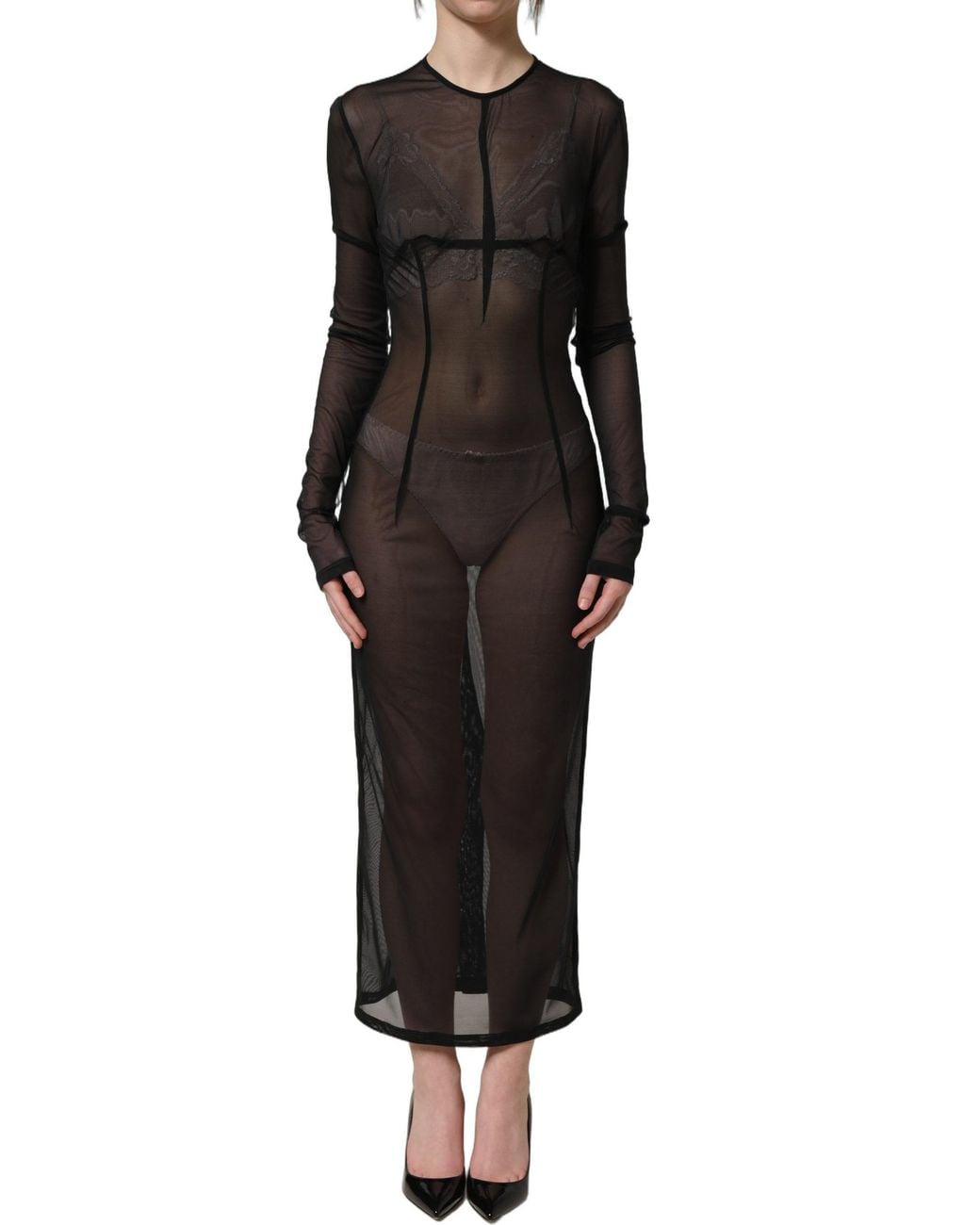 Dolce & Gabbana Black Long Sleeve Sheer Fitted Maxi Dress Nylon Elastane