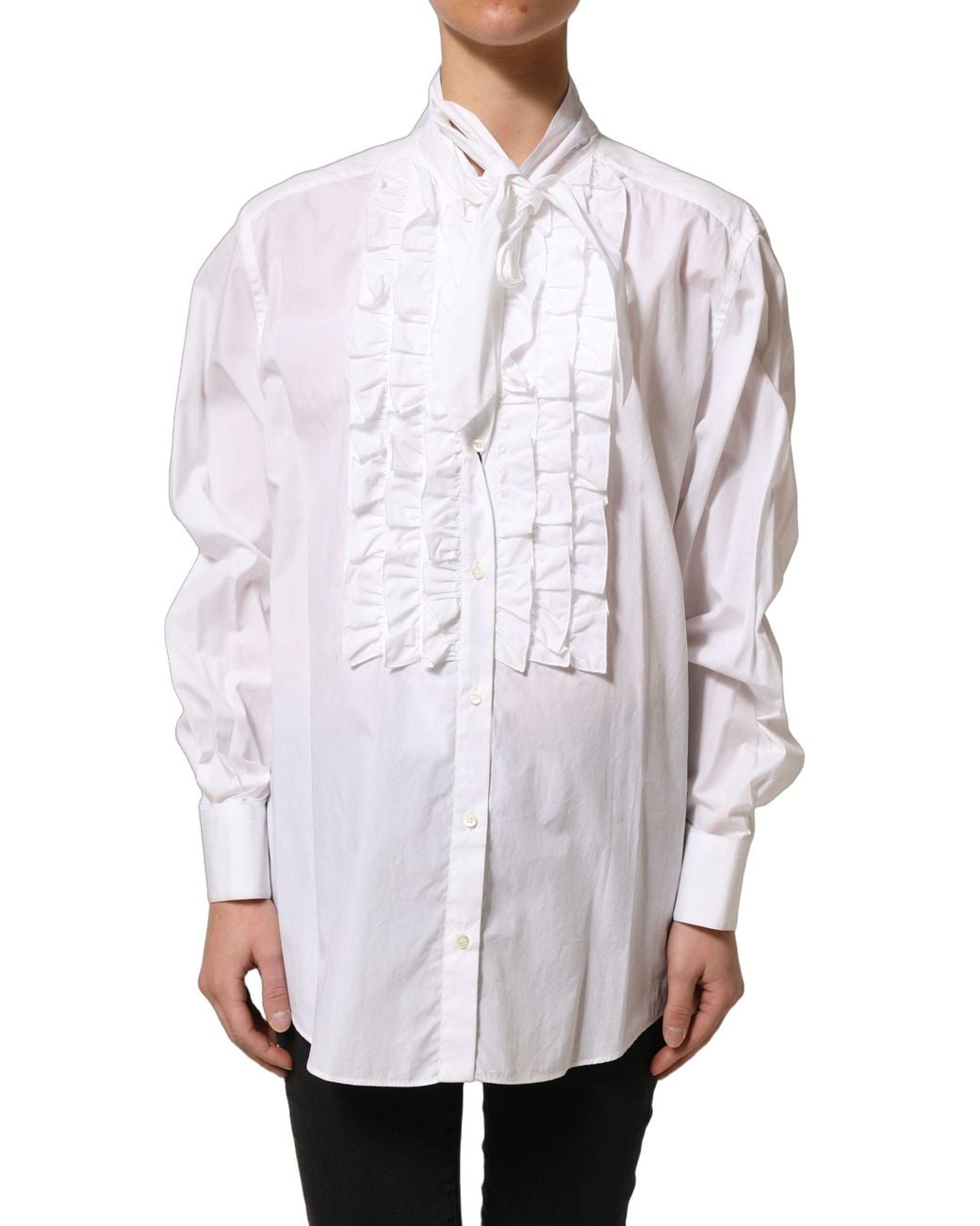 Dolce & Gabbana Gray Ruffled Bib Long Sleeves Blouse Top Cotton