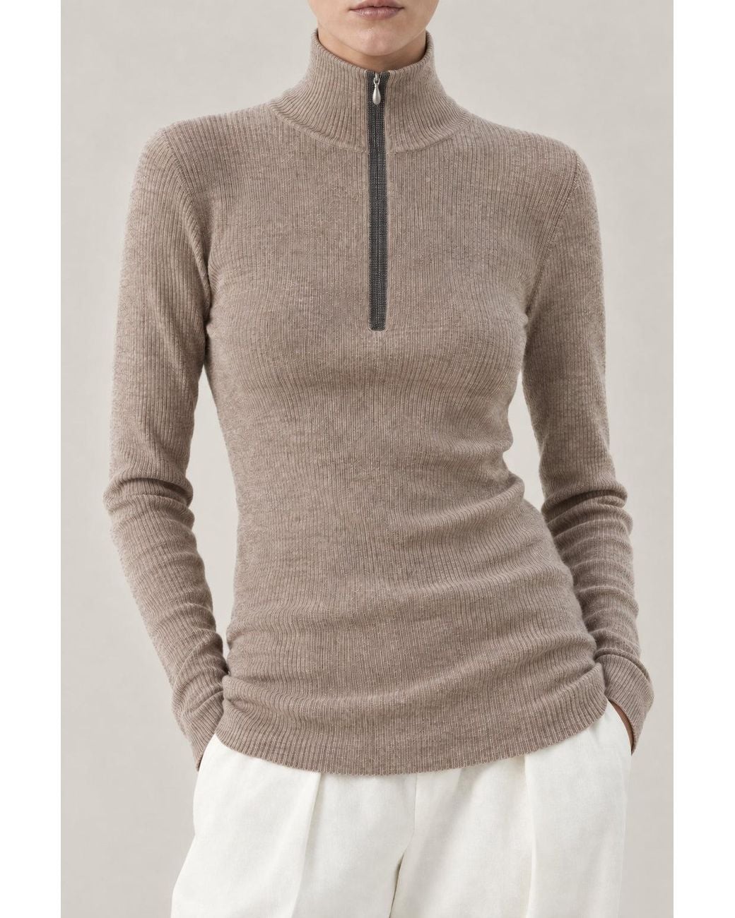 Brunello Cucinelli Natural Wool Blend Zip Mock Neck Sweater Clothing