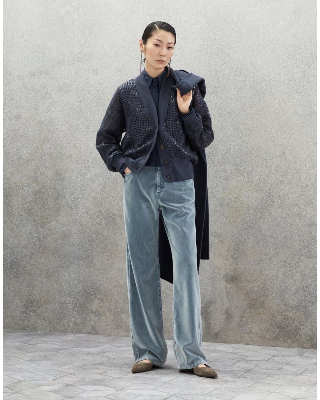Brunello Cucinelli Blue Velvet Wide Leg Cotton Trousers